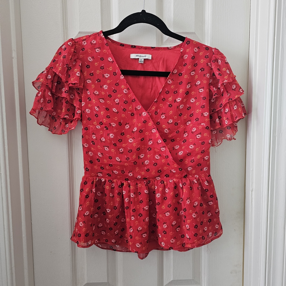 Madewell Tiered-Sleeve Peplum Top in Metallic Prairie Posies